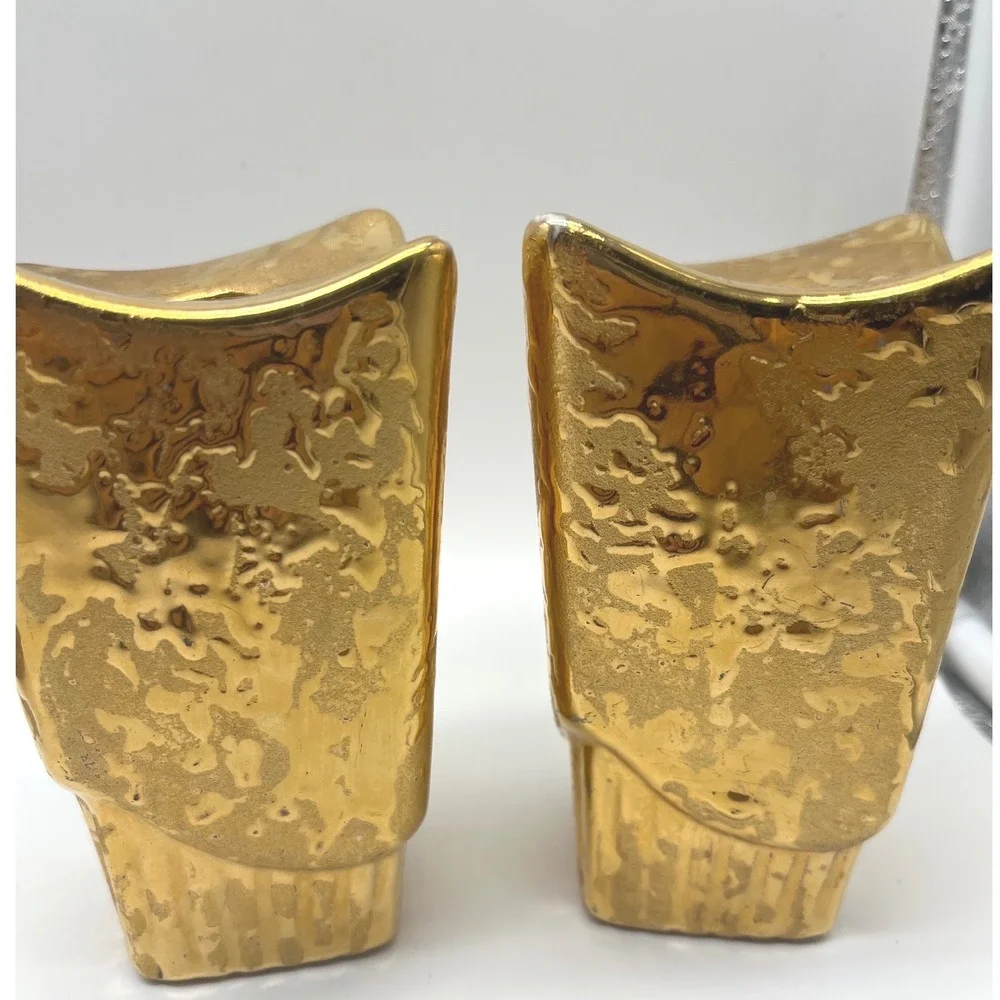 Midcentury Weeping Gold Porcelain Candle holders Hollywood Regency  Glam 50s set